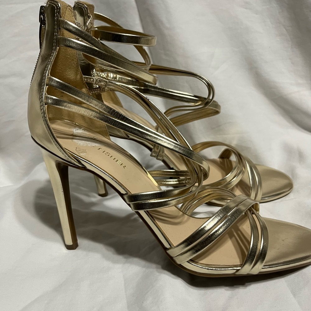Marc Fisher Rhoda gold sandals. Size 10 M, heels 4”. Elegant shoes